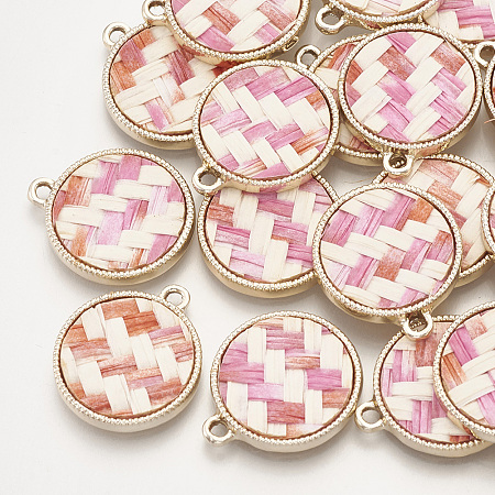 Alloy Pendants, with Linen, Flat Round, Golden, Pink, 21.5x18x2.5mm, Hole: 1.8mm