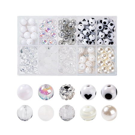 Arricraft 160Pcs/Box 10 Styles Opaque & Transparent, Resin Rhinestone, Imitation Pearl and Solid Color Chewing Gum Acrylic Beads, Gumball Beads, Round, White, 16pcs/style