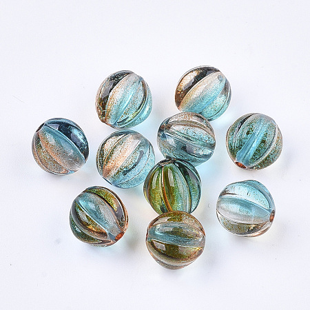 Nbeads Two Tone Transparent Spray Painted Acrylic Corrugated Beads, Round, DarkTurquoise, 7.5x8x7.5mm, Hole: 1.5mm