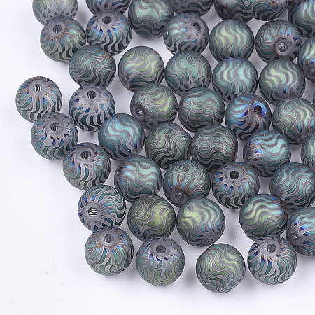 Honeyhandy Electroplate Glass Beads, Frosted, Round with Wave Pattern, Cadet Blue, 8~8.5mm, Hole: 1.5mm