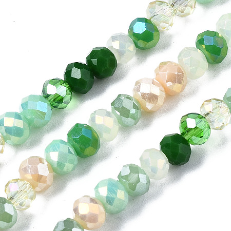 Electroplate Glass Beads Strands, Faceted, Rondelle, Green, 4.5x3.5mm, Hole: 1mm, about 140~143pcs/strand, 18.90 inch~19.29 inch(48cm~49cm)
