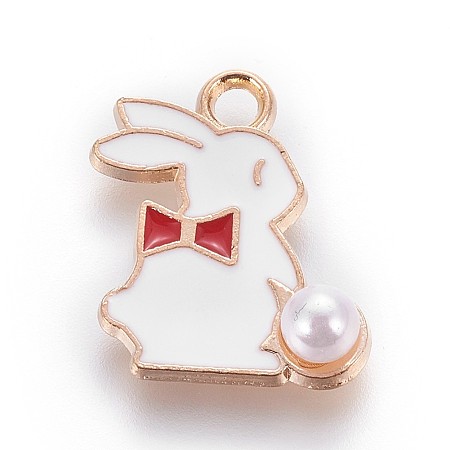 Honeyhandy Zinc Alloy Bunny Pendants, with Enamel and ABS Plastic Imitation Pearl, Rabbit, Light Gold, Red, 16.5x13.5x1mm, Hole: 1.5mm