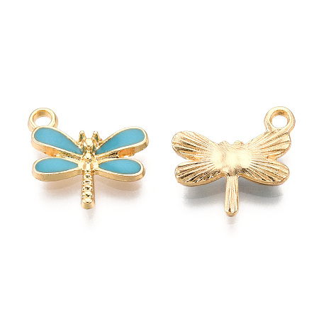 Honeyhandy Light Gold Plated Alloy Charms, with Enamel, Dragonfly, Turquoise, 14.5x15.5x3mm, Hole: 1.8mm
