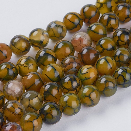NBEADS Natural Dragon Veins Agate Beads Strands, Dyed, Round, Olive, 10mm, Hole: 1mm, about 19pcs/strand, 7.5