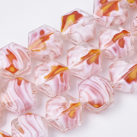 Glass Beads Strands, Faceted, Hexagon, Misty Rose, 15x14x8mm, Hole: 1mm, about 50pcs/strand, 29.53 inches(75cm)