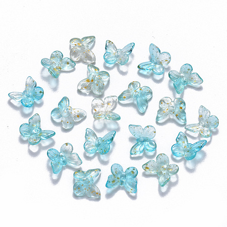 Honeyhandy Two Tone Transparent Spray Painted Glass Charms, with Glitter Powder, Butterfly, Turquoise, 9.5x11x3mm, Hole: 0.8mm