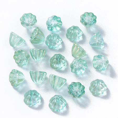 Nbeads Transparent Spray Painted Glass Beads, with Glitter Powder, Lotus Pod, PaleTurquoise, 11x10.5x8mm, Hole: 1mm