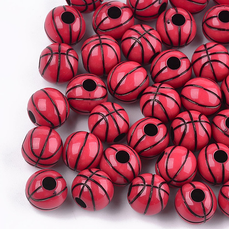 ARRICRAFT Craft Style Acrylic Beads, Basketball, Crimson, 11.5~12x10.5mm, Hole: 3.5~4mm