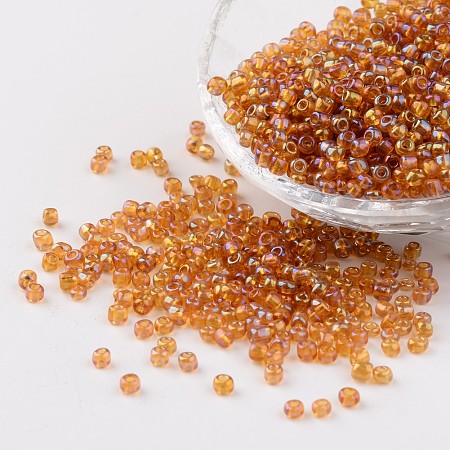 Honeyhandy Transparent Colours Rainbow Round Glass Seed Beads, Goldenrod, Size: about 3mm in diameter, hole: 1mm, about 1102pcs/50g