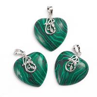 Synthetic Malachite Pendants, with Platinum Tone Brass Ice Pick Pinch Bails, Heart, 35~36x30~31x9mm, Hole: 7~8x5mm