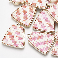 Alloy Pendants, with Linen, Trapezoid, Golden, Pink, 27x23x2mm, Hole: 2mm