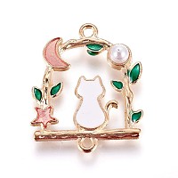 Honeyhandy Zinc Alloy Links connectors, with Enamel and Acrylic Pearl, Cat, Light Gold, Salmon, 27.5x23x5mm, Hole: 1.5mm
