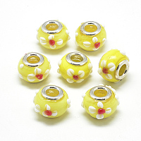 Honeyhandy Handmade Lampwork European Beads, Bumpy Lampwork, with Platinum Brass Double Cores, Large Hole Beads, Rondelle with Flower, Yellow, 16x14x10.5mm, Hole: 5mm