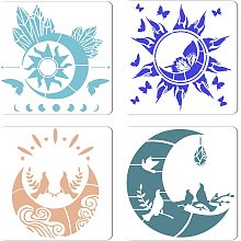 GORGECRAFT 4PCS Moon Sun Stencil Flowers Tile Stencils for Painting on Wood 12x12 Inch Plastic Reusable Floral Floor Decoration Template for Painting on Canvas Fabric Wall Furniture DIY Home Décor