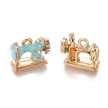 Honeyhandy Alloy Pendants, with Enamel and Crystal Rhinestone, Sewing Machine, Golden, Cyan, 13.5x16x6mm, Hole: 2mm