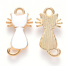 Honeyhandy Alloy Enamel Pendants, Cat Shape, Light Gold, White, 22x12x2~3mm, Hole: 2mm