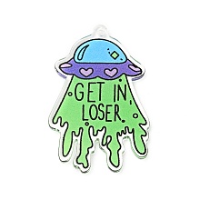 Honeyhandy Alien Theme Colorful Acrylic Pendants, UFO with Word Get in Loser, Word, 44.5x29.5x2.5mm, Hole: 2mm