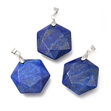 Honeyhandy Faceted Natural Lapis Lazuli Pendants, with Platinum Tone Brass Findings, Hexagon, 28x25x9mm, Hole: 4x5mm