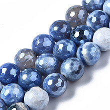 Honeyhandy Natural Agate Beads Strands, Pearl Luster Plated, Faceted, Round, Medium Slate Blue, 12mm, Hole: 1.6mm, about 32~34pcs/strand, 13.94~16.06 inch(35.4~40.8cm)