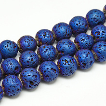 Honeyhandy Electroplate Natural Lava Rock Beads Strands, Matte Style, Round, Blue Plated, 8x8.5mm, Hole: 1mm, about 48pcs/strand, 15.3 inch