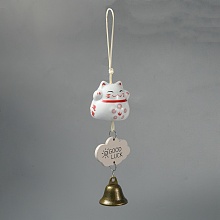 OLYCRAFT Porcelain Maneki Neko Wind Chimes, Alloy Bell Hanging Ornament for Landscape Outdoor Balcony Decoration, with Wood Lucky Card, White, 255mm, Cat: 50x51mm