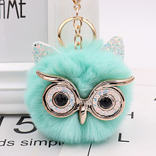 Honeyhandy Pom Pom Ball Keychain, with KC Gold Tone Plated Alloy Lobster Claw Clasps, Iron Key Ring and Chain, Owl, Turquoise, 12cm