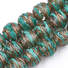 Honeyhandy Handmade Gold Sand Lampwork Beads, Round, Dark Cyan, 13~14x13~14mm, Hole: 1~2mm