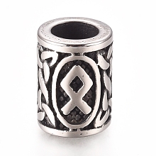 Honeyhandy 304 Stainless Steel European Beads, Large Hole Beads, Column with Runes/Futhark/Futhor, Antique Silver, 13.5x10mm, Hole: 6mm