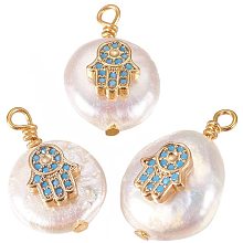 CHGCRAFT 10Pcs Natural Pearl Pendants Hamsa Hand Shape Charms with Cubic Zirconia and Golden Tone Brass Findings Flat Round DeepSkyBlue Color Pendant for DIY Jewelry Making