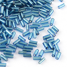 Honeyhandy Glass Bugle Beads, Silver Lined, Dodger Blue, 4~4.5x2mm, Hole: 1mm, about 450g/bag, 14000pcs/bag