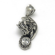 Honeyhandy Fashionable Retro 304 Stainless Steel Rhinestone Dragon Pendants, Antique Silver, Crystal, 36x17x10mm, Hole: 5x7mm