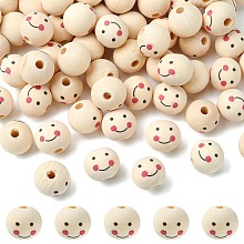 Honeyhandy Natural Wood Beads, Large Hole Beads, Round with Smile Face, PapayaWhip, 19~20x17.5~18mm, Hole: 4.5mm, about 200pcs/500g