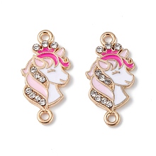 Honeyhandy Alloy Enamel Connector Charms, Unicorn Links with Crystal Rhinestone, Light Gold, Cadmium Free & Nickel Free & Lead Free, Pink, 23x11.5x2mm, Hole: 1.6mm