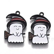 Honeyhandy Halloween Theme Alloy Enamel Pendants, White Ghost with Black Witch Hat and Broom, Electrophoresis Black, 22.5x14.5x1.5mm, Hole: 1.6mm