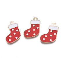 Honeyhandy Christmas Alloy Enamel Pendants, Cadmium Free & Lead Free, Light Gold, Christmas Sock, Red, 21x15.5x1.5mm, Hole: 1.8mm