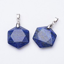 Honeyhandy Faceted Natural Lapis Lazuli Pendants, with Platinum Tone Brass Findings, Hexagon, 28x25x9mm, Hole: 4x5mm