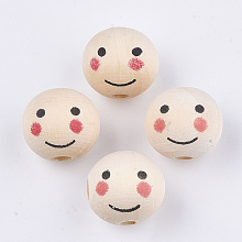 Honeyhandy Natural Wood Beads, Large Hole Beads, Round with Smile Face, PapayaWhip, 19~20x17.5~18mm, Hole: 4.5mm