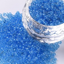 Honeyhandy Glass Seed Beads, Transparent, Round, Deep Sky Blue, 12/0, 2mm, Hole: 1mm, about 6666pcs/100g