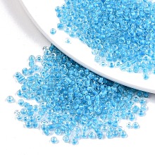 Honeyhandy 8/0 Glass Seed Beads, Transparent Inside Colours, Round Hole, Round, Deep Sky Blue, 8/0, 3~4x2~3mm, Hole: 0.8mm, about 3333pcs/100g