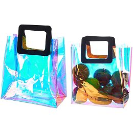 GORGECRAFT 2 Pack Holographic Tote Bags Transparent PVC Gift Wrap Rainbow Reusable Retail Shopping Bag Clear Big Capacity Handbag