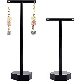 FINGERINSPIRE 2Pcs Acrylic Earrings Stand Holder T-Shape with Holes Ear Studs Display Rack Jewelry Organizer Earring Retail Display Photography Prop(Black-Hexagon Base, 2 Heights: 5.6inch & 4.4inch)