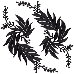 GORGECRAFT 2 Pairs 4PCS Embroidered Patches Iron Leaf Flowers Lace Applique Flowers Nature Patches Suitable for Clothes Dress Hat Pants Sewing Craft Decoration(Black)