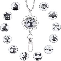 SUNNYCLUE 1 Box 12 Styles Halloween Badge Holder Stainless Steel Badge Lanyard ID Badge Holder Office Badge Holder Chain with Breakaway Snap Buttons Charms Jewelry Pendant Clip Plastic Box 30 Inches