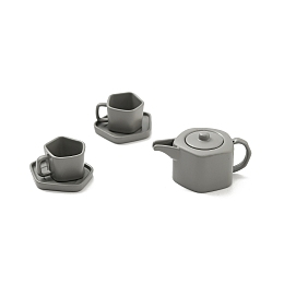 Mini Alloy Tea Set Display Decorations, Dollhouse Accessories, for Home Office Tabletop, Teapot, Teacup & Saucer, Dark Gray, 12~17x15~29x8.5~15mm, 5pcs/set