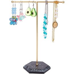 Jewelry Display Stand T-Bar Plated Metal Tabletop Jewelry Organizer Tower Stand with Marble Stone Base for Jewelry Hanging Earring Ring Necklace Bracelet Storage 3.58 x 4.13 x 10.15 Inches