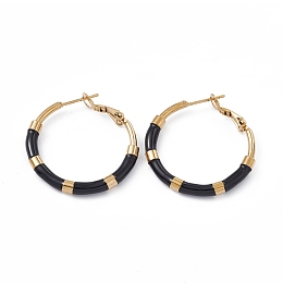 Honeyhandy PVD Vacuum Plating 201 Stainless Steel Hoop Earrings for Women, Enamel Ring Earring with 304 Stainless Steel Pin, Golden, Black, 33~34x30~31x3mm, Pin: 0.8mm