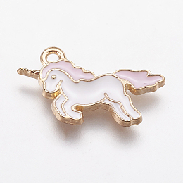 Honeyhandy Alloy Enamel Pendants, Unicorn, Light Gold, Pink, 20x15x1.5mm, Hole: 1mm