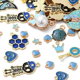 Alloy Enamel Pendants, Mixed Shape, Mixed Metal Color, Blue, 8~40x4.5~30.5x1~5mm, Hole:0.8~3mm