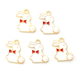 Honeyhandy Light Gold Plated Alloy Enamel Pendants, Rabbit with Pearl, Red, 17x13x1.5mm, Hole: 1.8mm