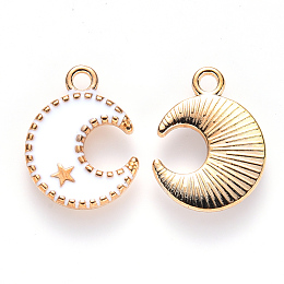 Honeyhandy Alloy Enamel Pendants, Moon & Star, Light Gold, White, 16x13x2mm, Hole: 1.8mm